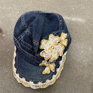 Embellished Denim Cap with Lace and Beads